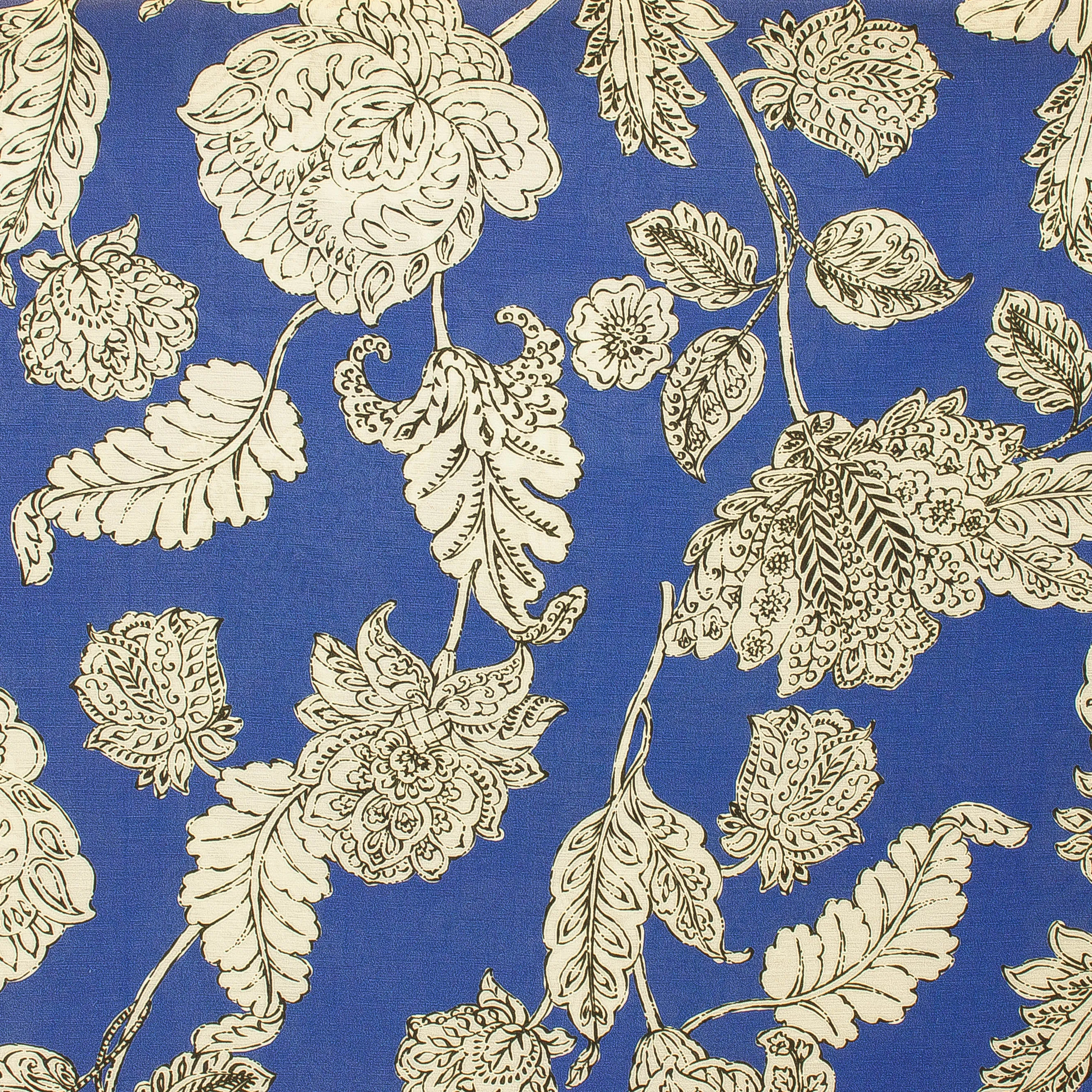 Linnen viscose blauw met witte bloemen en bladeren